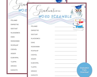 May include: A printable graduation party game with a blue and white watercolor background. The game is a word scramble with the words "Graduation Word Scramble" at the top. The words to unscramble are listed on the left side of the page. An illustration of an owl wearing a graduation cap and holding a stack of books is on the right side of the page.