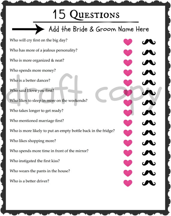 Bride Groom Trivia Wedding Shower Game Bachelorette Etsy