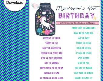 Girls Birthday Party Game | Who Knows the Birthday Girl the Best | Digital Download- Custom Bonus Sign Included for Free!