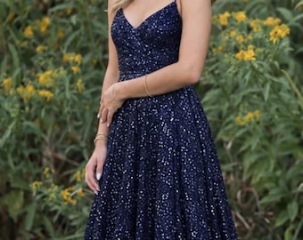 La Femme Navy Sequin Spaghetti-Strap Prom Gown