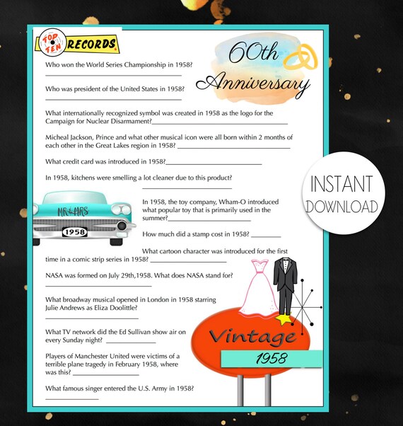 60th Anniversary 1958 Year Anniversary Trivia Game Instant | Etsy