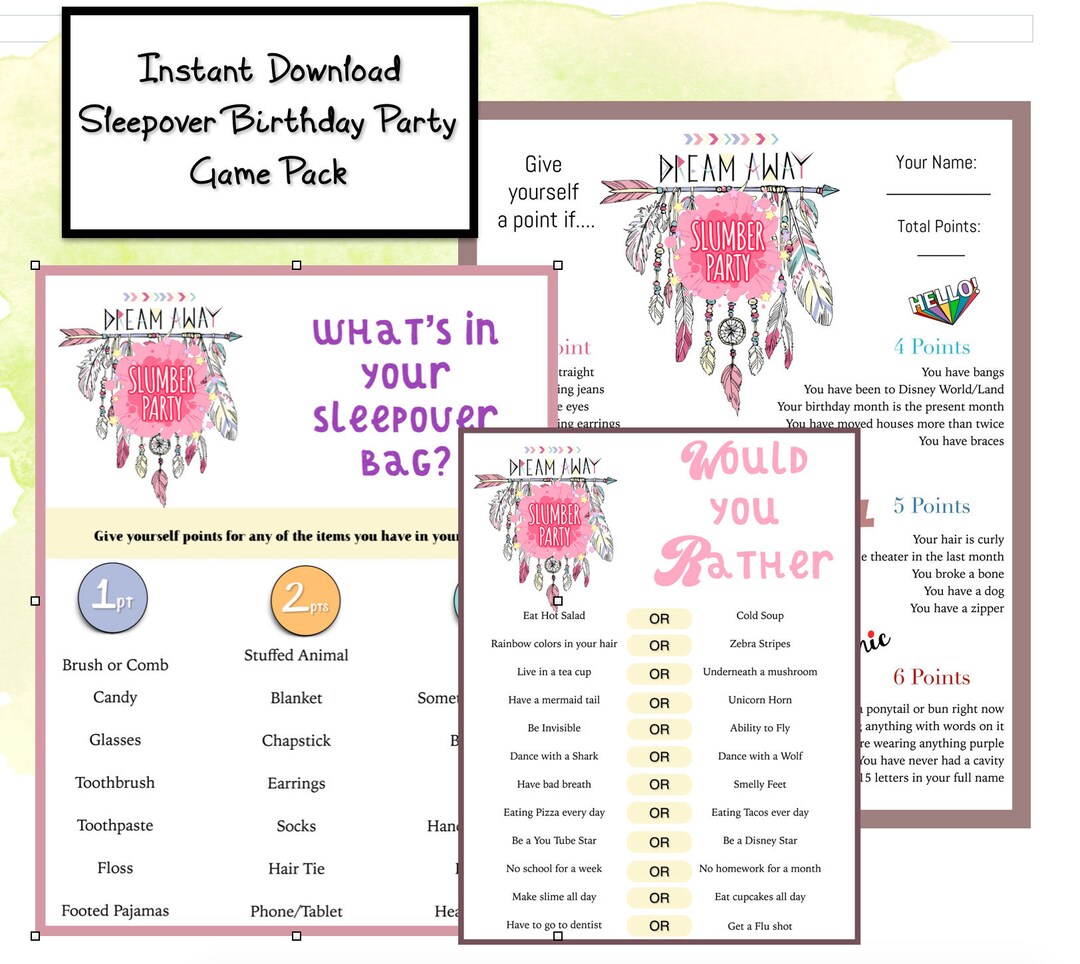 Girls Slumber Party Birthday Party 3 Game Pack Girls Sleepover Party