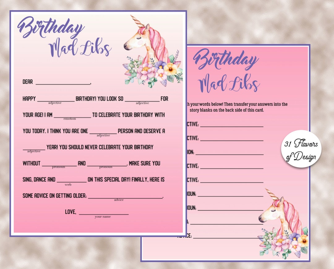 Unicorn Party Girls Birthday Party Mad Libs Birthday Mad Libs Birthday ...