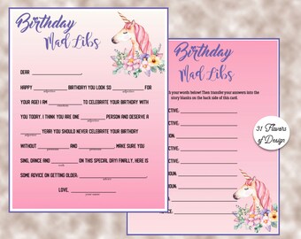 Unicorn Party Girls Birthday Party Mad Libs Birthday Mad - Etsy