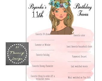 Tween Girls Birthday Party Game | Who Knows the Birthday Girl the Best | Custom Birthday Game | Trivia Game | Download