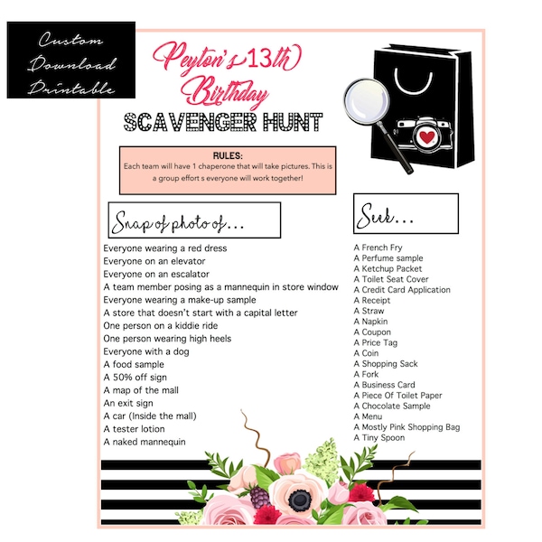 Mall Scavenger Hunt Game-Instant Download | 13th Birthday Party | Custom Scavenger Hunt