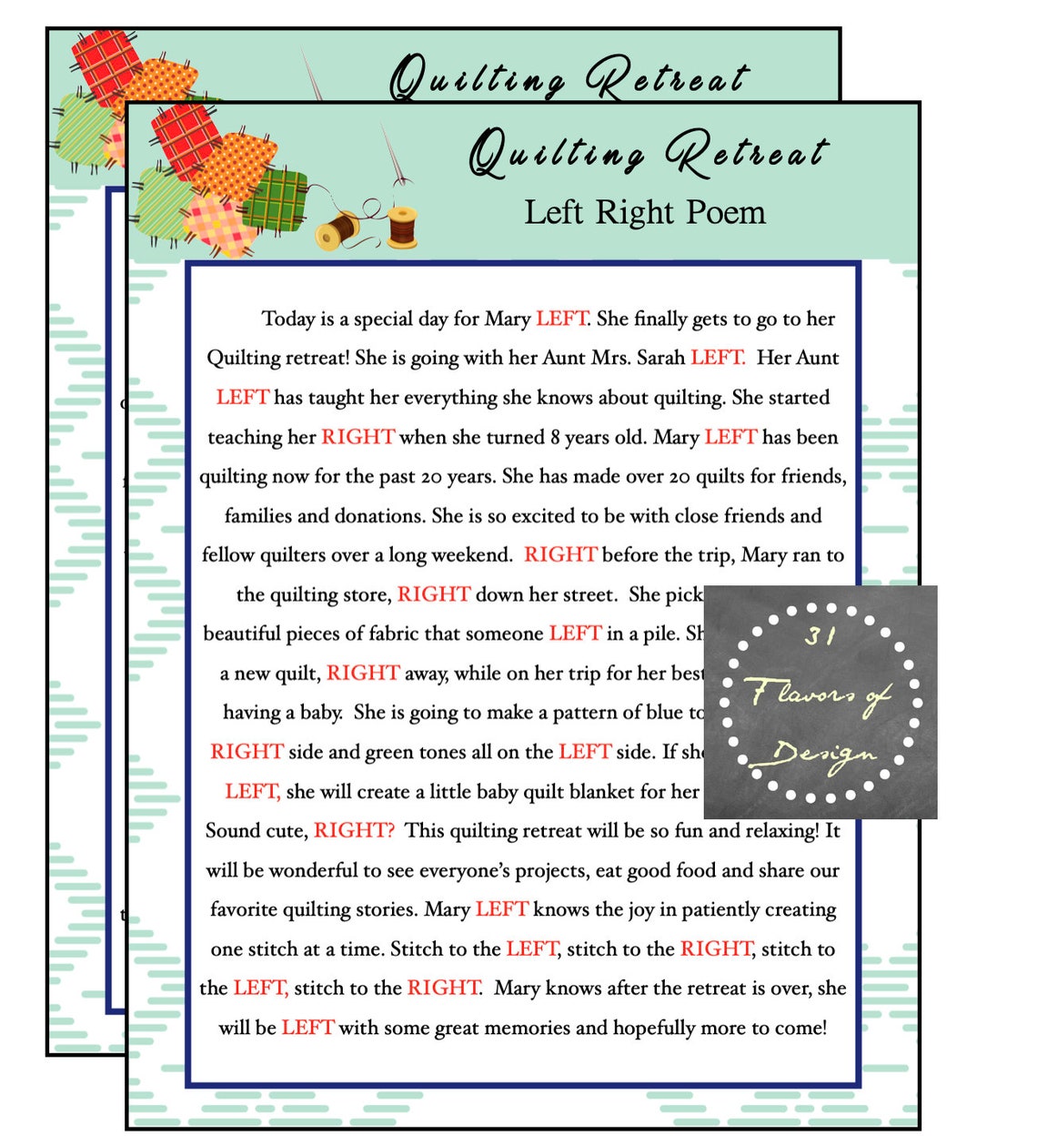 Quilting Retreat Printable Download Left Right Story Etsy