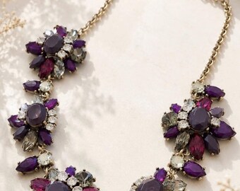 Vintage AVON purple rhinestone floral statement Necklace Gold Tone Crystal