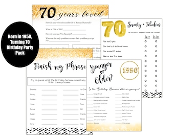 70th Birthday Trivia Game Pack | Finish my phrase, all about the number 70, 1950 Trivia, over under game- 4 game pack for 70th birthday