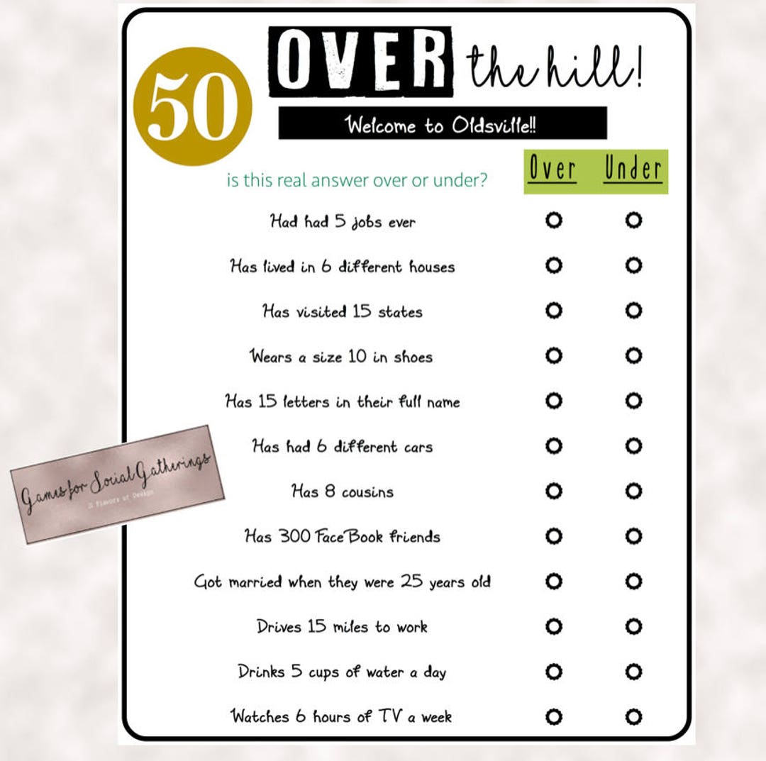 Birthday Party Game Over the Hill Over or Under Trivia Game 50th Birthday  Party instant Download Birthday Printables - Etsy