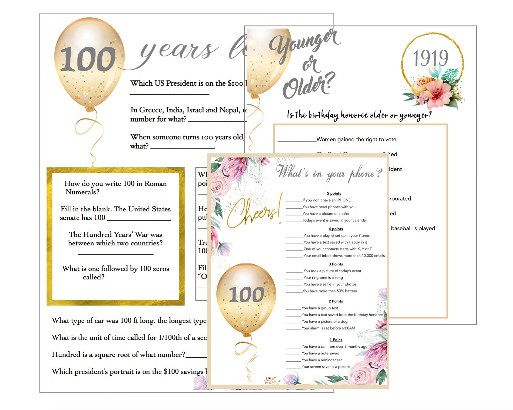 Birthday Bundle 100th Birthday Party Games 3 Games Older or Younger