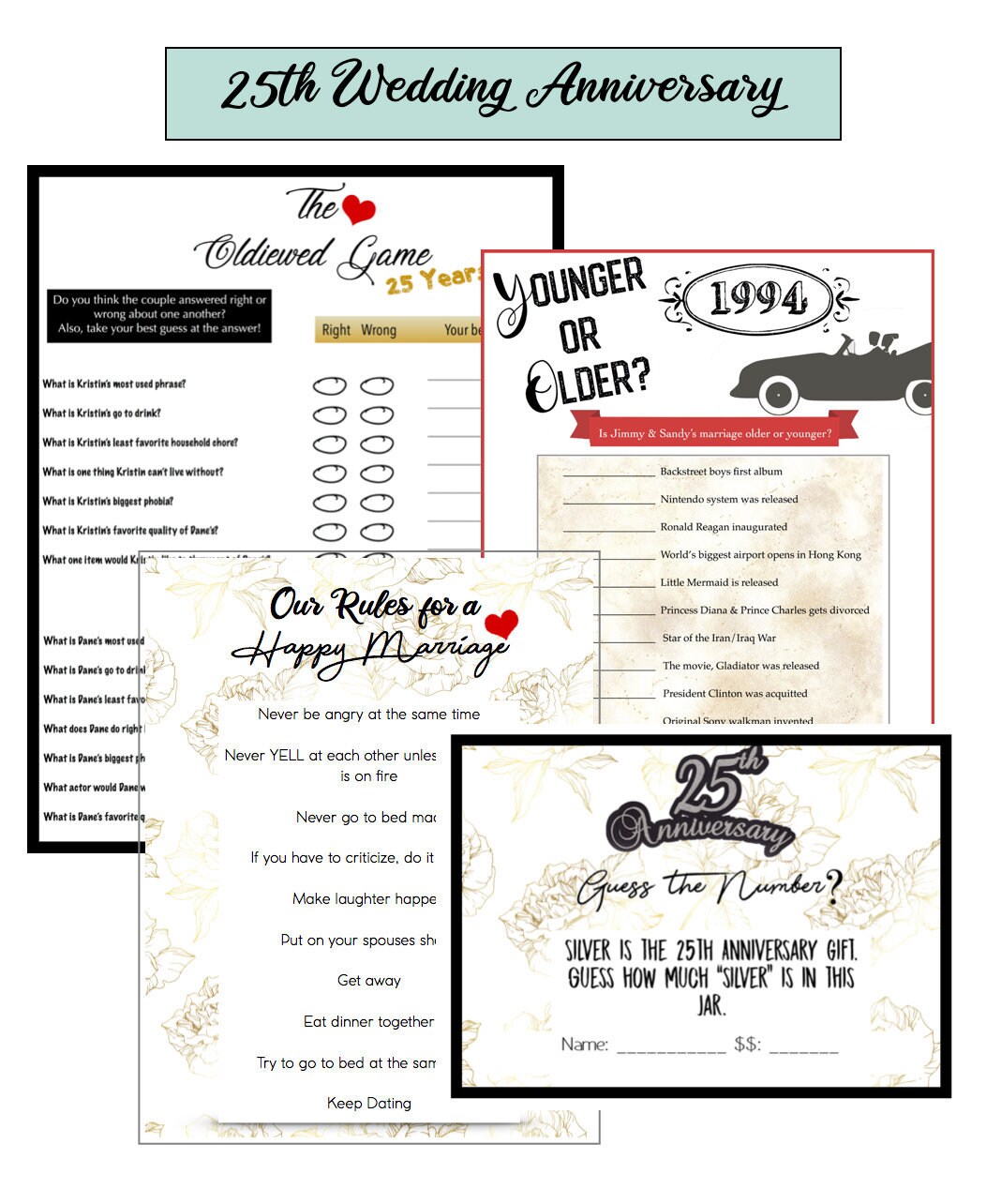 25th Wedding Anniversary game bundle Younger or Older Oldie | Etsy
