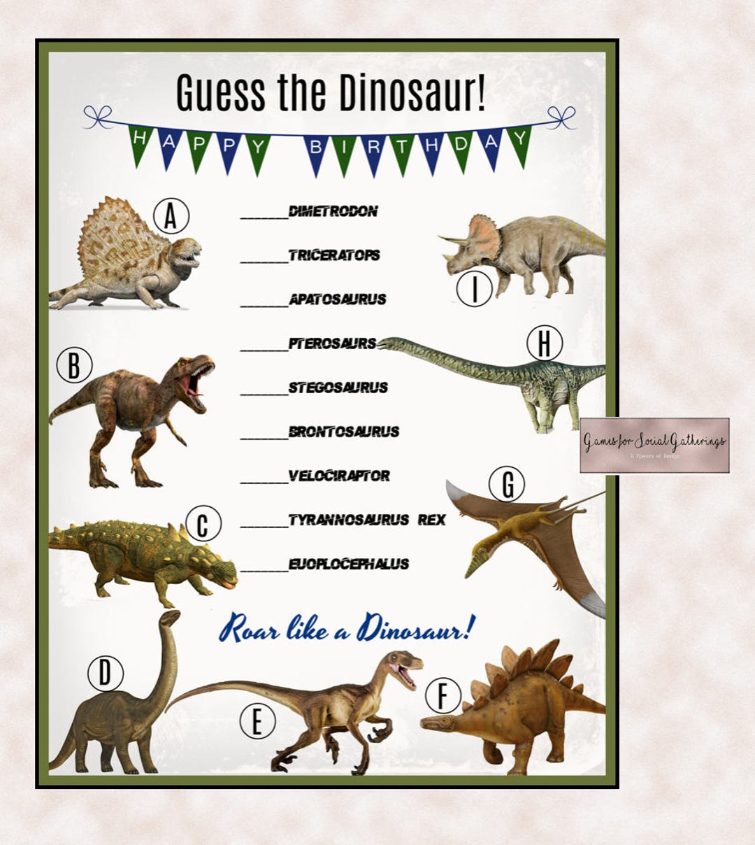 DINOSAUR Birthday Party Game Guess the Dinosaur Trivia Game 