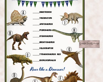 DINOSAUR birthday party game | Guess the Dinosaur Trivia Game - Instant Download - Boys Birthday Party Game