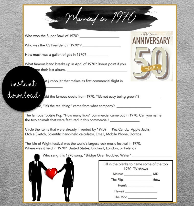 50th Wedding Anniversary Party Game Questions from 1970 | Etsy