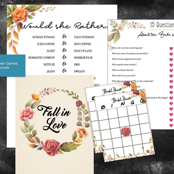 Fall Bridal Shower Game Pack | Wedding Shower Autumn Theme | Bingo, Would she rather, Fall in Love, 15 questions -Custom Download Printable