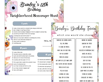 Birthday Party Game Pack -Instant Download | 12th Birthday Party | Custom Scavenger Hunt & Trivia Game