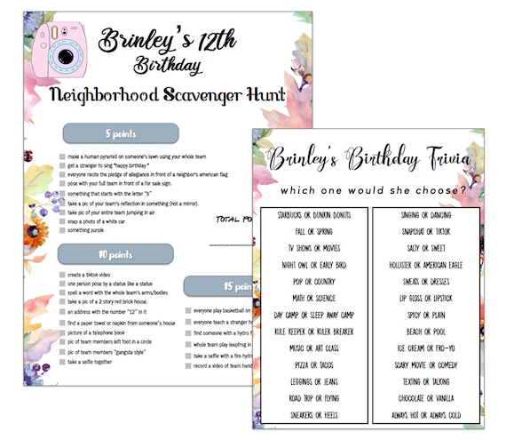 Birthday Party Game Pack -instant Download 12th Birthday Party