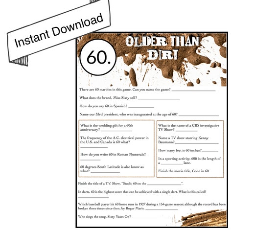 Older Than Dirt 60th Birthday Trivia Game Instant Download | Etsy