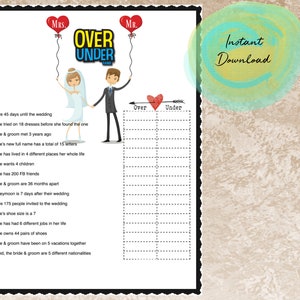 Bridal Shower Game- Over or Under (bride Trivia) - Etsy