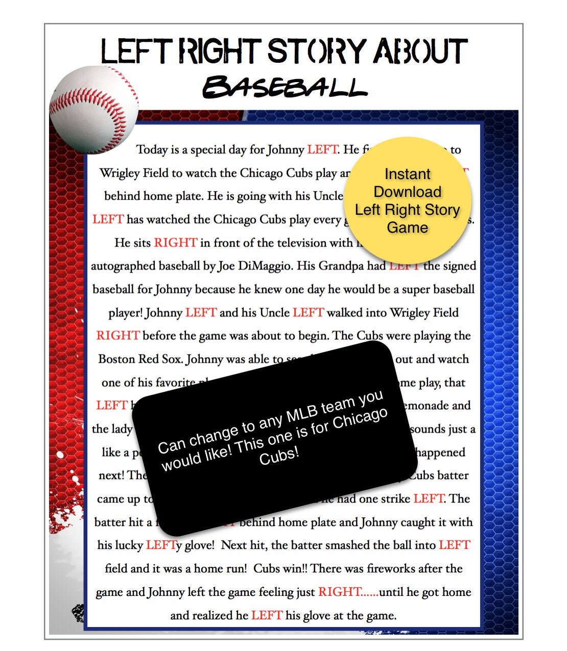 Baseball Party Game Left Right Story Pass the Present