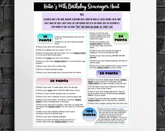 May include: A printable scavenger hunt game for a 14th birthday party. The game includes a list of tasks and points for each task. The tasks include taking photos and videos of the team completing various challenges.