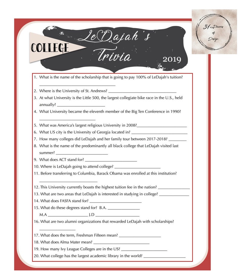 going away to college graduation party game college trivia etsy
