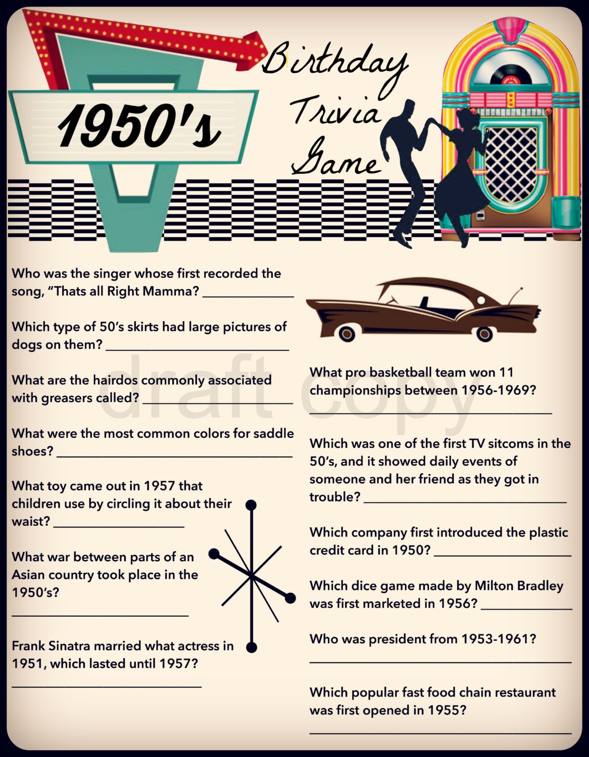 Birthday 1950 S Birthday Party Trivia Game Birthday Etsy