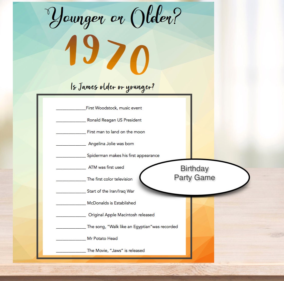 50th Birthday Party Game Younger or Older Game Birthday Etsy