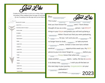 Graduation Games | Mad Libs-Instant Download | Graduation Party Ideas | 2023 Version | Grad Libs