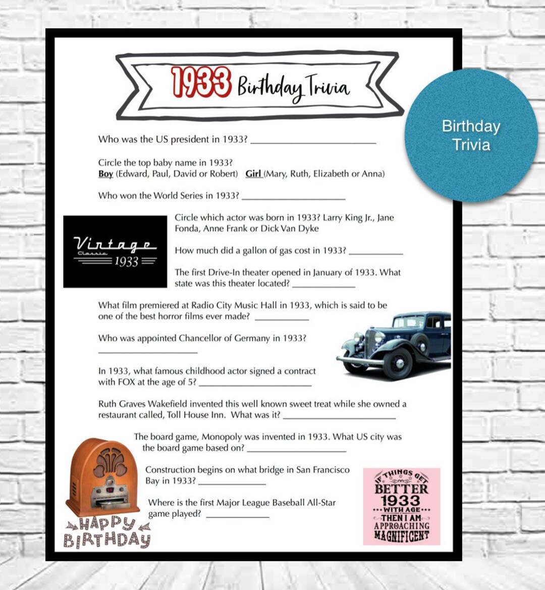 The Year of 1933 - Birthday Party Trivia - Download Printable Game ...