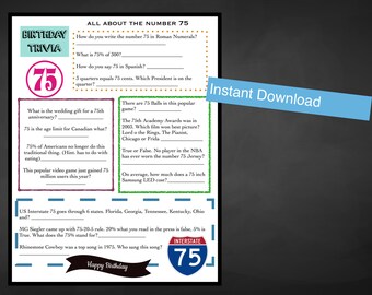 75th Birthday Trivia Game | Instant Download | Everything to do with the number 75!