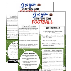 Op de afbeelding: Voetbal trivia spelvellen met vragen over de geschiedenis, Super Bowl feiten en spelersstatistieken. De bovenste pagina leest "Ben je klaar voor wat voetbal?" in blauw en rood.