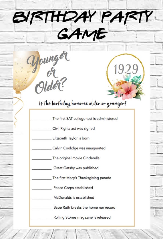 60th Birthday Game Younger or Older Game Birthday Trivia 