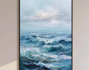 Original Ocean Painting on Canvas, Moody Seascape Wall Art, Large Realistic Sea Painting, Coastal Decor for Living Room, Blue Nautical Art