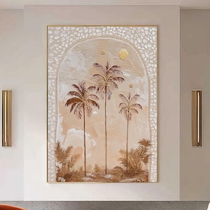 May include: A large rectangular wall art piece featuring a beige and brown landscape with three tall palm trees centred under an arched frame. The artwork includes textured white border details and small gold circular accents against a neutral background.