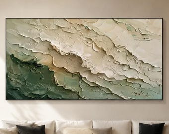 Olivgrüne Ölfarbe, dreidimensionale Wellenskulptur auf Leinwand, abstraktes Wandbild in Moosbraun.