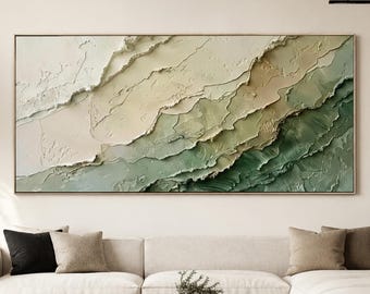 Cuadro abstracto verde salvia, lienzo con textura de ondas en 3D, gran cuadro mural en tonos tierra beige.
