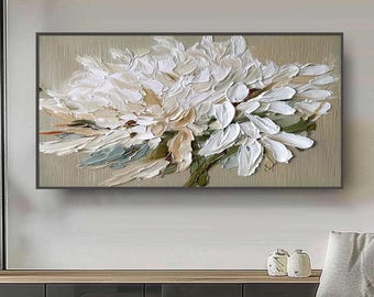 3D White Flower Oil Painting, Textured Floral Wall Art, Impasto Painting on Canvas, Minimalist Neutral Art, Sage Green Modern Home Decor