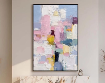 Large Abstract Painting on Canvas, Original Pastel Wall Art, Textured Pink Blue Impasto Art for Nursery, Modern Living Room Wall Decor