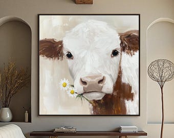 Boerderij koe schilderij, schattig kalf kunst aan de muur, originele getextureerde dierlijke kunstwerken, decor rustieke keuken, modern neutraal interieur, vierkant schilderij