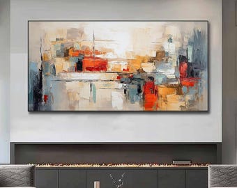 Paesaggio urbano astratto di grandi dimensioni, arte murale con texture arancione e grigia, grande dipinto orizzontale con spatola, arte originale moderna per soggiorno