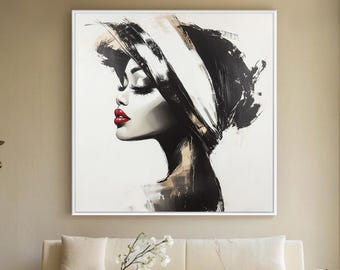 Zwart-witte vrouw schilderij, rode lippen kunst, abstract portret op canvas, grote moderne mode kunst aan de muur, glamour woonkamer muur decor, abstract portret op doek