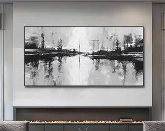Original Abstract Oil Painting Wall Art, Black White Textured Canvas, Modern Minimalist Cityscape Painting, Large Living Room Wall Art Decor