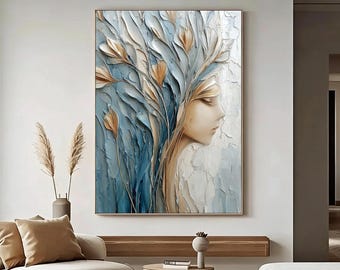 Abstract Serene Woman Oil Painting, Side Profile with Floral Hair in Blue White Tones, Dreamy Artistic Portrait, Modern Home Wall Decor