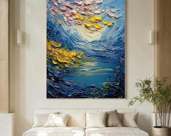 Moonlit Night Painting, Dreamy Pink Petal Sky Over Reflective Blue Water, Textured Celestial Art, Serene Mystical Wall Decor For Living Room