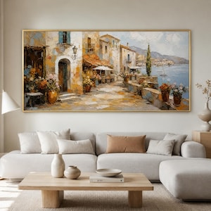 Mediterranean Impasto Oil Painting, Sunny Harbor Town Street, Textured Coastal Canvas Art, Greek Village Scene, Nautical Home Wall Decor