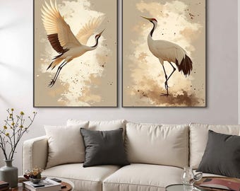 Cuadro de pared de dos paneles con grullas, decoración zen oriental, pintura abstracta de pájaros en color beige, lienzo de estilo japonés, decoración minimalista para el hogar y la sala de estar.