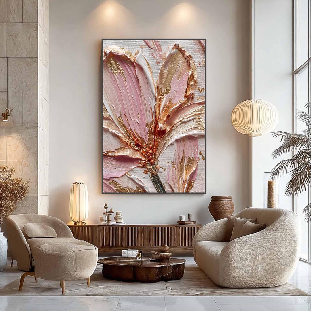 3D Flower Painting Pink and Gold Wall Art, Textured Floral Impasto Art ...