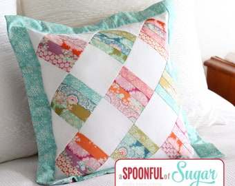 Allsorts kussen pdf-naaipatroon; patchwork kussenpatroon; Zelfgemaakt kussen; patchwork voor beginners; naaien voor woondecoraties; stoer kussen.